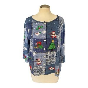 Take Two Christmas Cardigan Blue Snowman Tree Holiday Cotton Sweater L